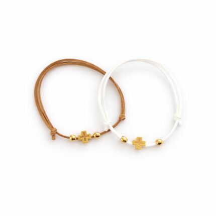 Μαρτυρικά Βάπτισης Βραχιόλι με Χρυσό Σταυρό και Χρυσές Χάντρες σε σουέτ δέρμα