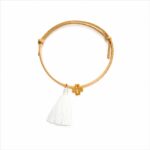 Μαρτυρικά Βάπτισης Βραχιόλι με Χρυσό Σταυρό και Λευκή Φούντα σε φυσικό σουέτ Δέρμα